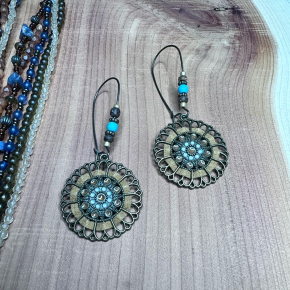 Multistrand Beaded Medallion Earthy Boho Necklace and Earring Set - Picture 5 of 8